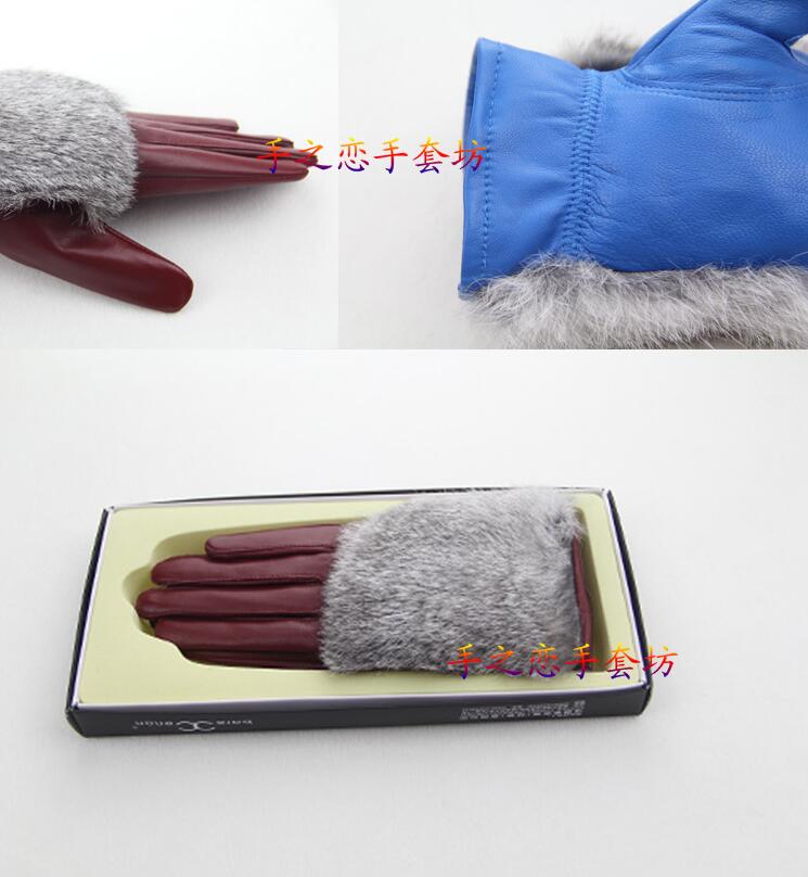 Fashion Women Long Rabbit Fur Genuine Leather Sheepskin Finger Gloves Keep Warm - Dark Blue