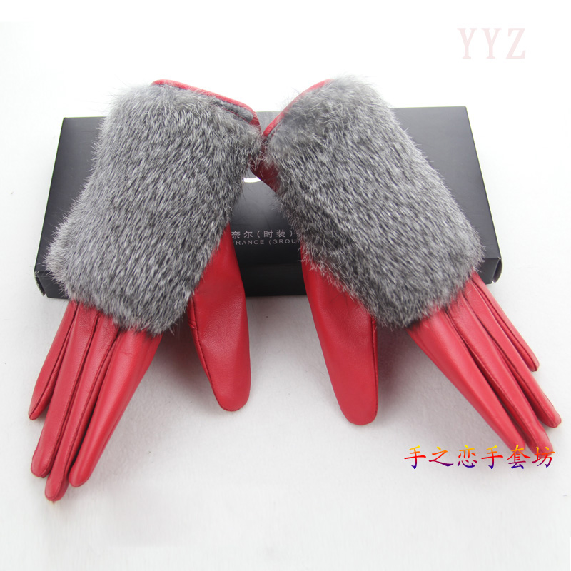 Fashion Women Long Rabbit Fur Genuine Leather Sheepskin Finger Gloves Keep Warm - Red