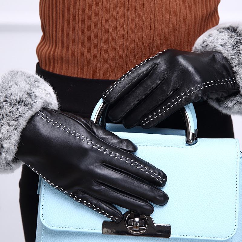Fashion Women Long Rabbit Fur Genuine Leather Sheepskin Touch Gloves Keep Warm - Black