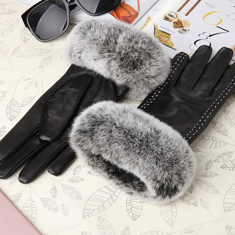 Fashion Women Long Rabbit Fur Genuine Leather Sheepskin Touch Gloves Keep Warm - Black