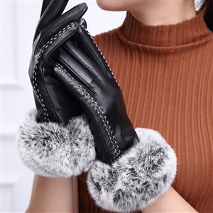 Fashion Women Long Rabbit Fur Genuine Leather Sheepskin Touch Gloves Keep Warm - Black