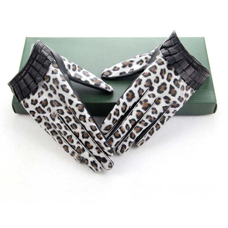 Fashion Women Plaids Checks Genuine Leather Sheepskin Finger Gloves Keep Warm - White Leopard
