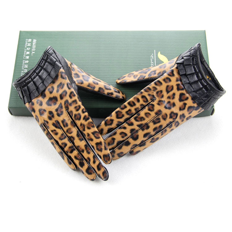 Fashion Women Plaids Checks Genuine Leather Sheepskin Finger Gloves Keep Warm - Yellow Leopard