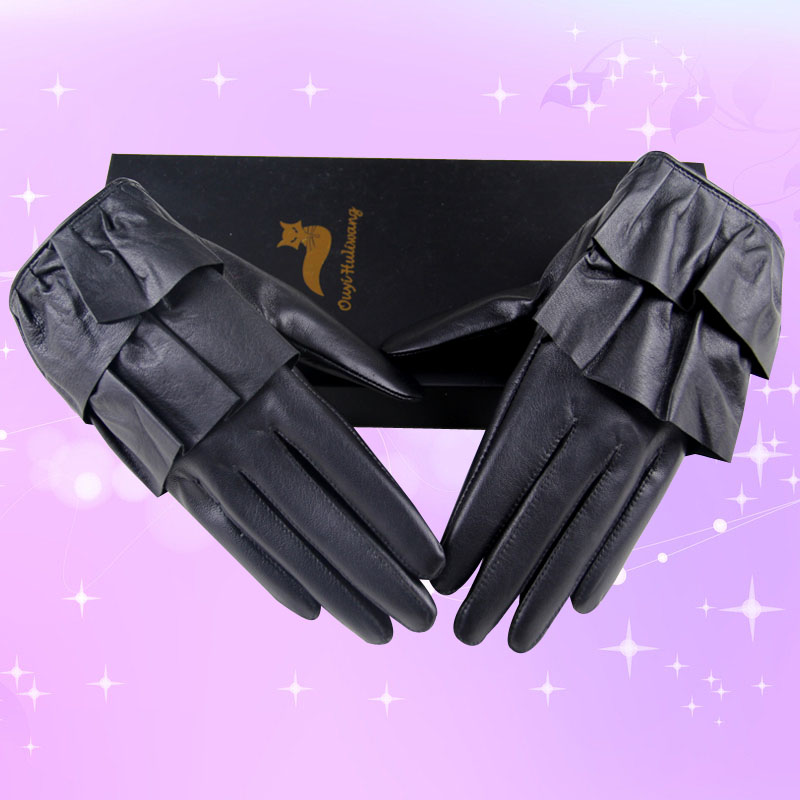 Fashion Women Ruffle Edge Genuine Leather Sheepskin Finger Gloves Keep Warm - Black