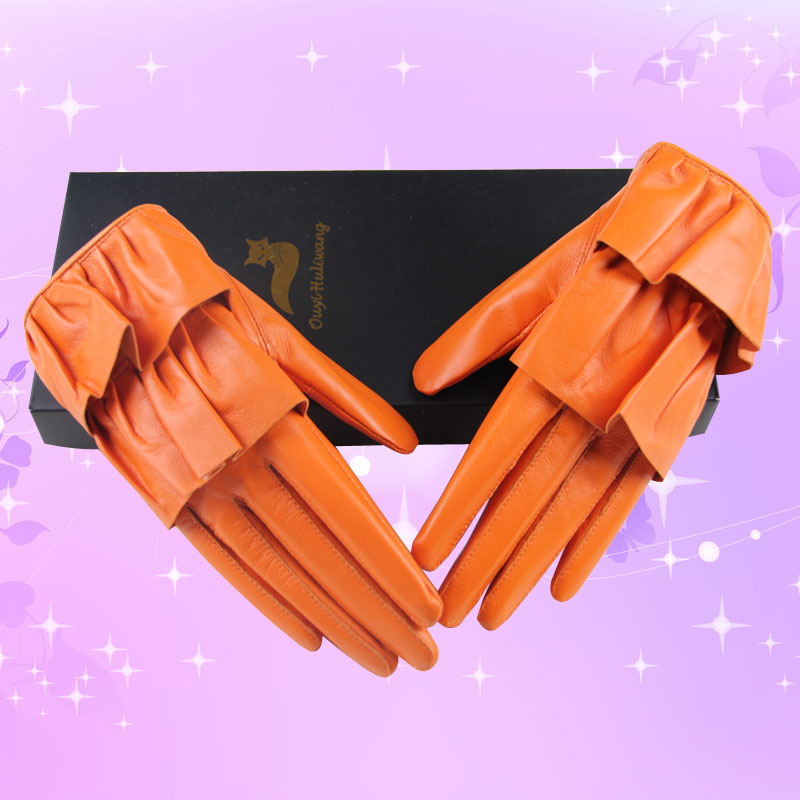 Fashion Women Ruffle Edge Genuine Leather Sheepskin Finger Gloves Keep Warm - Orange
