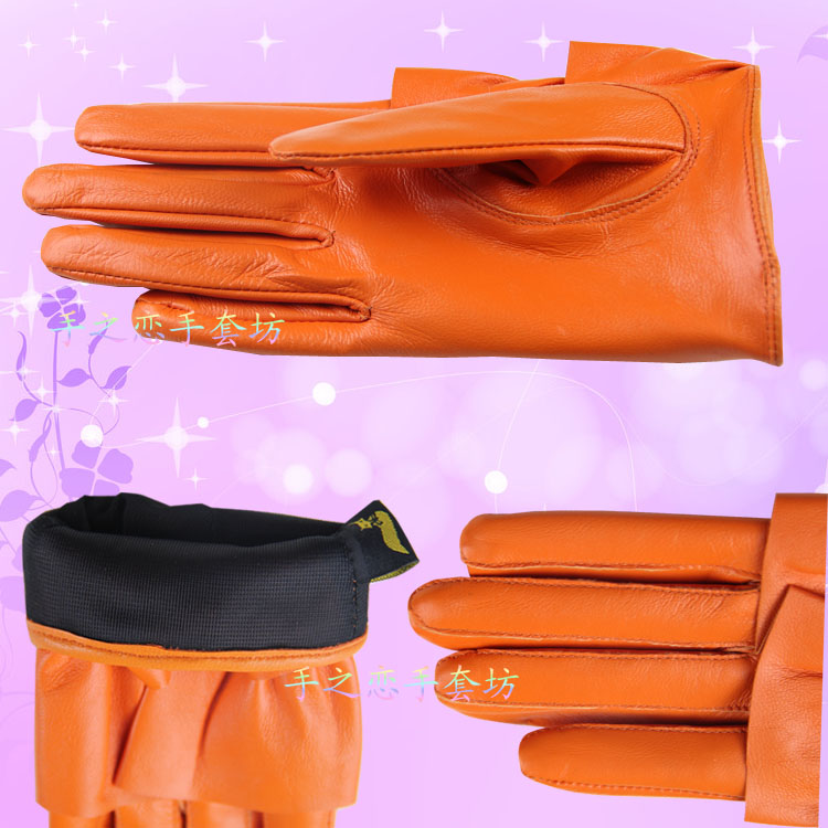 Fashion Women Ruffle Edge Genuine Leather Sheepskin Finger Gloves Keep Warm - Yellow
