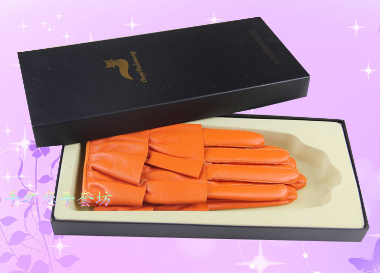 Fashion Women Ruffle Edge Genuine Leather Sheepskin Finger Gloves Keep Warm - Yellow