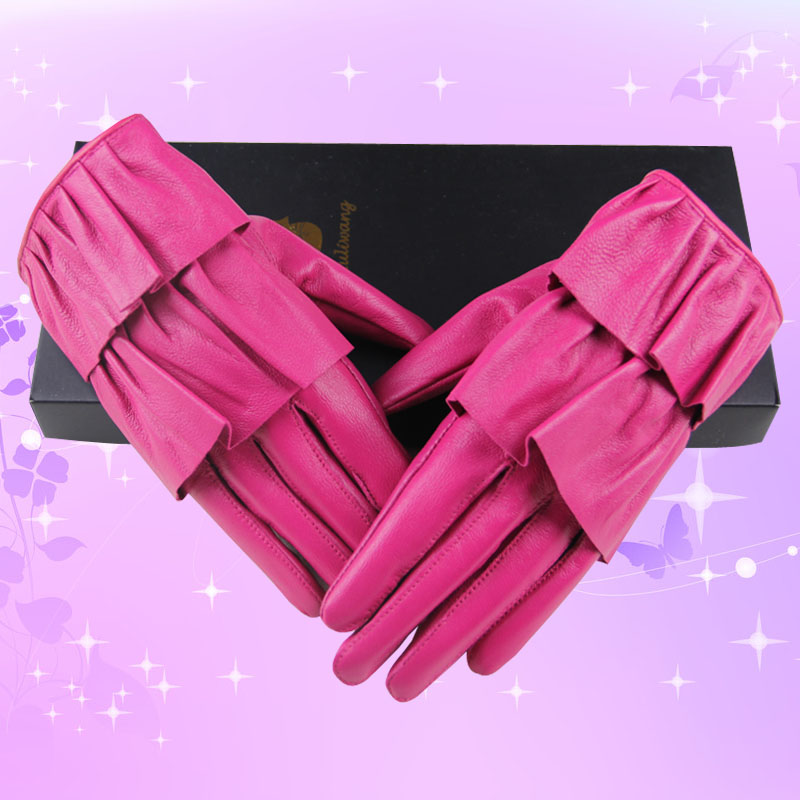 Fashion Women Ruffle Edge Genuine Leather Sheepskin Finger Gloves Keep Warm - Rose