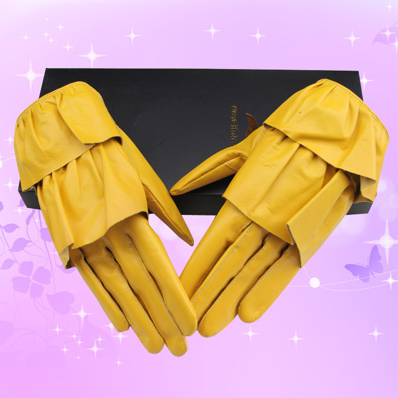 Fashion Women Ruffle Edge Genuine Leather Sheepskin Finger Gloves Keep Warm - Yellow