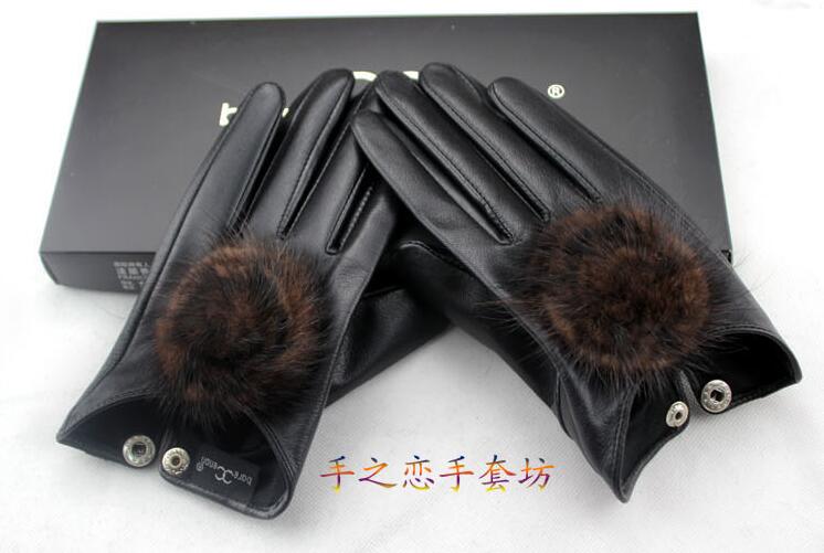 Hair Ball Women Long Mink Fur Real Sheepskin Button Finger Gloves Keep Warm - Black