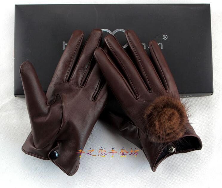 Hair Ball Women Long Mink Fur Real Sheepskin Button Finger Gloves Keep Warm - Brown