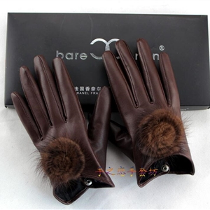 Hair Ball Women Long Mink Fur Real Sheepskin Button Finger Gloves Keep Warm - Brown
