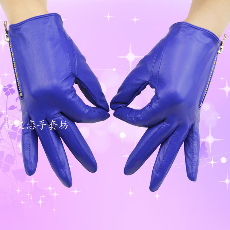 Lovers Women Long Gloves Genuine Leather Sheepskin Zipper Gloves Keep Warm - Blue