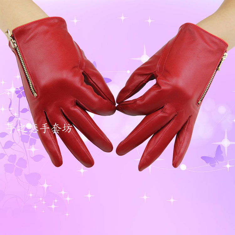 Lovers Women Long Gloves Genuine Leather Sheepskin Zipper Gloves Keep Warm - Dark Red