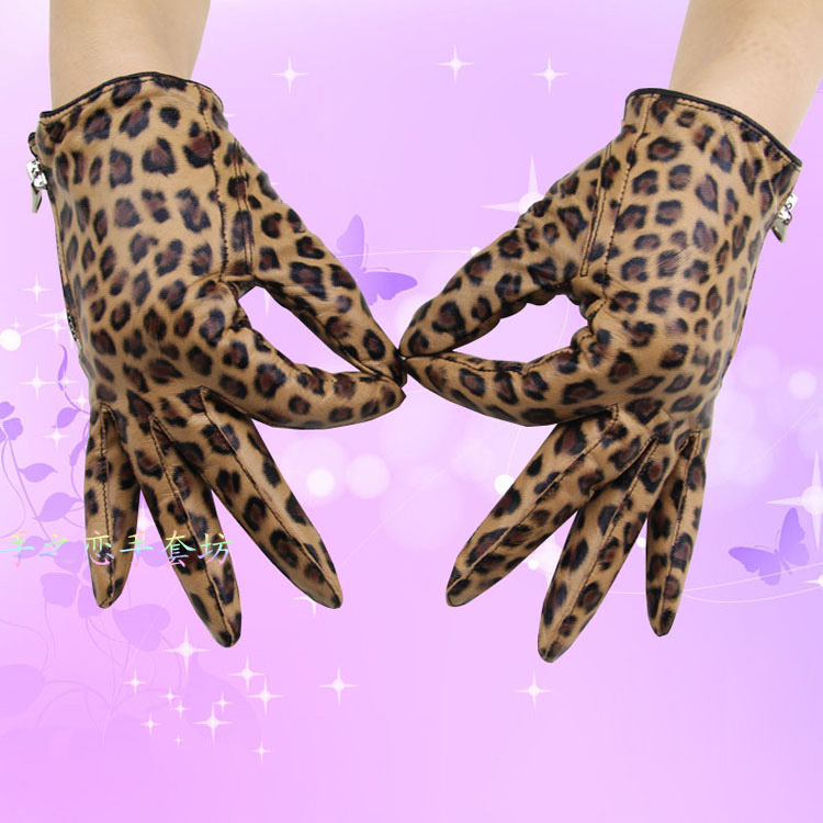 Lovers Women Long Gloves Genuine Leather Sheepskin Zipper Gloves Keep Warm - Leopard