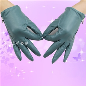 Lovers Women Long Gloves Genuine Leather Sheepskin Zipper Gloves Keep Warm - Light Blue
