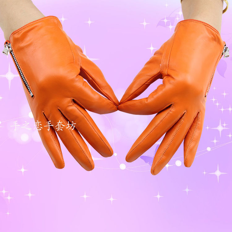 Lovers Women Long Gloves Genuine Leather Sheepskin Zipper Gloves Keep Warm - Orange