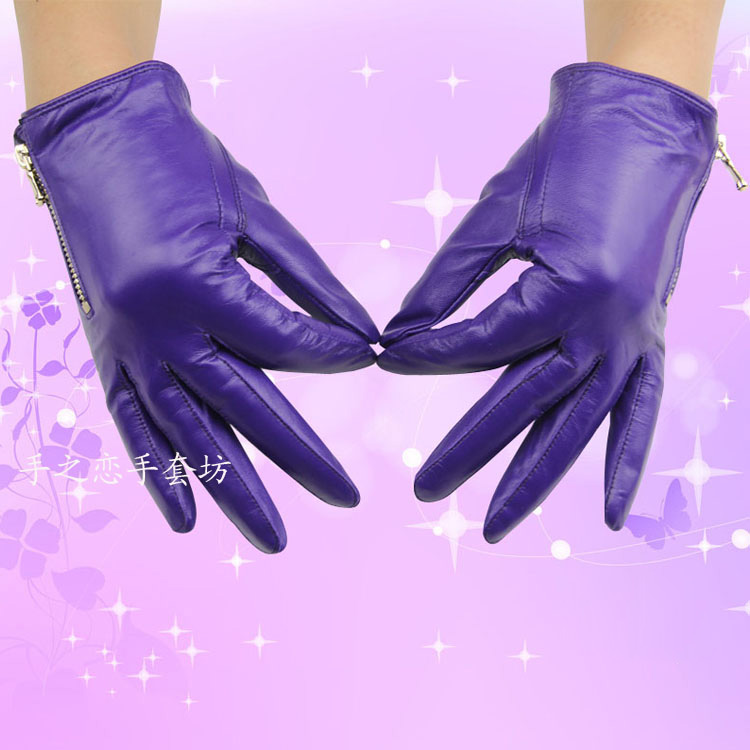 Lovers Women Long Gloves Genuine Leather Sheepskin Zipper Gloves Keep Warm - Purple