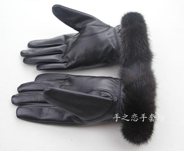 Mink Fur Women Touch Genuine Leather Sheepskin Finger Gloves Keep Warm - Black C