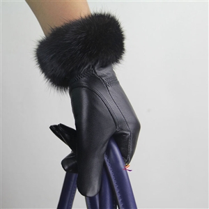 Mink Fur Women Touch Genuine Leather Sheepskin Finger Gloves Keep Warm - Black C