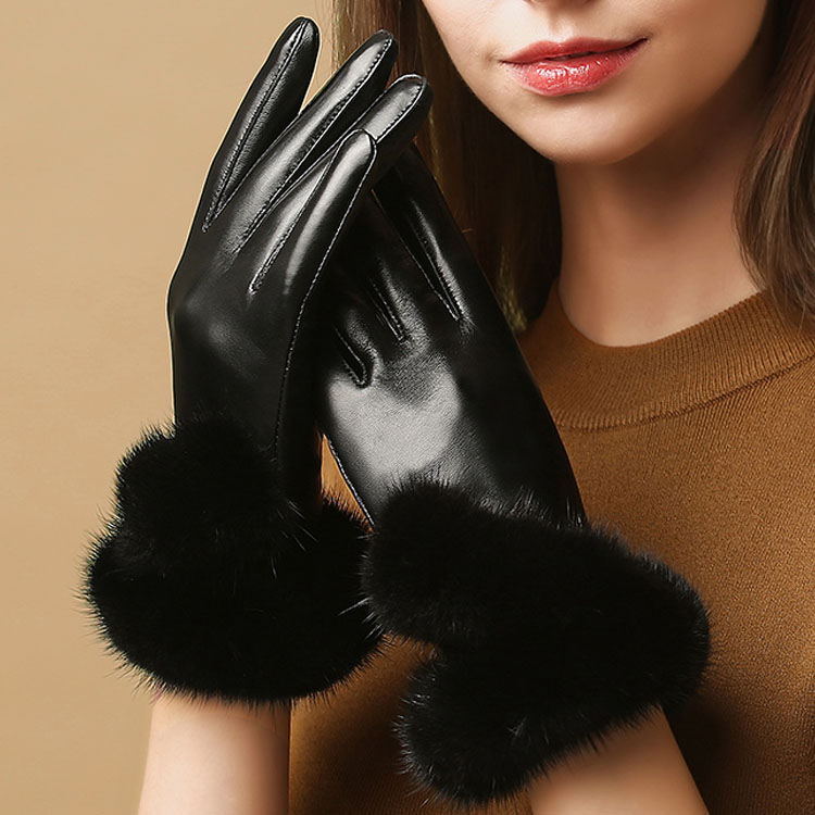 Mink Fur Women Touch Genuine Leather Sheepskin Finger Gloves Keep Warm - Black