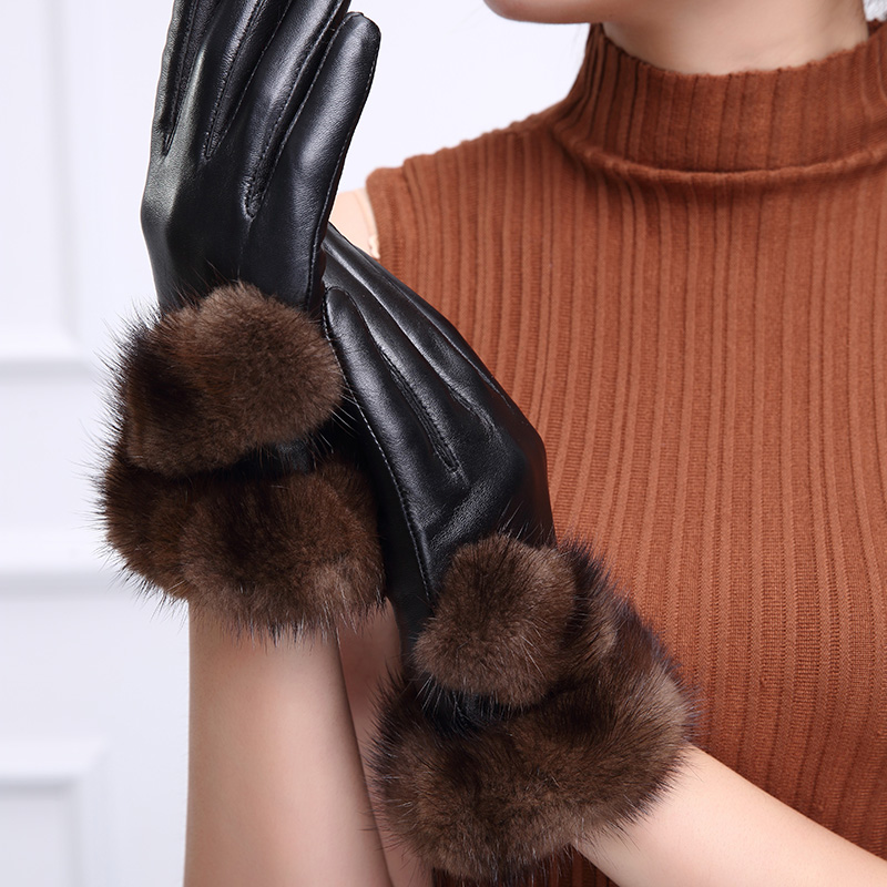 Mink Fur Women Touch Genuine Leather Sheepskin Finger Gloves Keep Warm - Brown