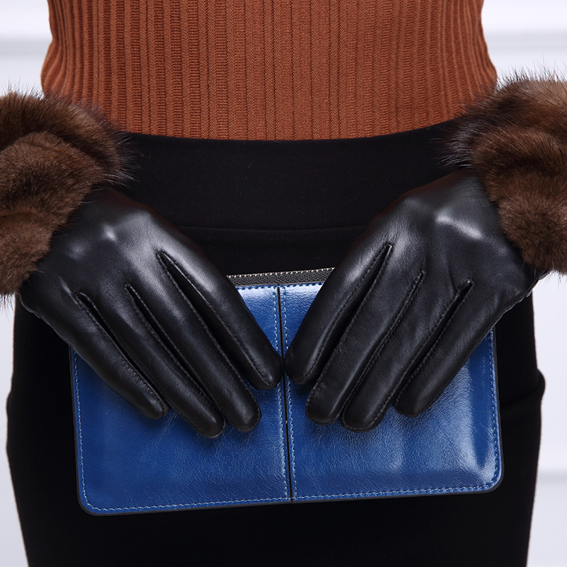 Mink Fur Women Touch Genuine Leather Sheepskin Finger Gloves Keep Warm - Brown