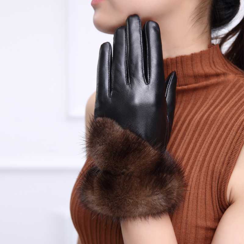Mink Fur Women Touch Genuine Leather Sheepskin Finger Gloves Keep Warm - Brown