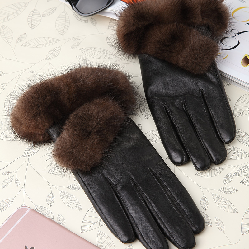 Mink Fur Women Touch Genuine Leather Sheepskin Finger Gloves Keep Warm - Brown