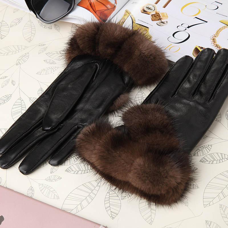 Mink Fur Women Touch Genuine Leather Sheepskin Finger Gloves Keep Warm - Brown