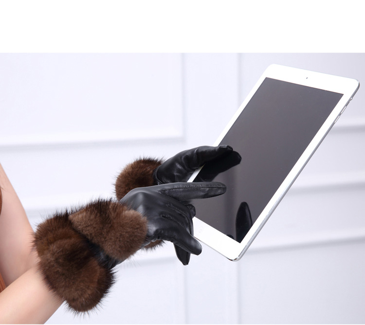 Mink Fur Women Touch Genuine Leather Sheepskin Finger Gloves Keep Warm - Brown