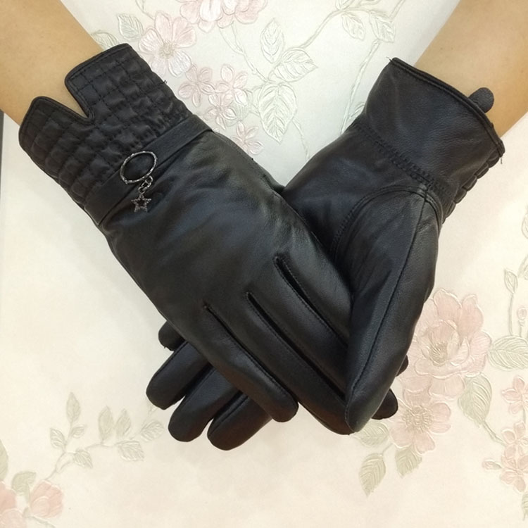 Outdoors Women Plaids Checks Genuine Leather Sheepskin Motorcycles Gloves Winter Cashmere - Black