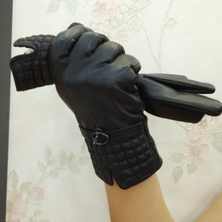 Outdoors Women Plaids Checks Genuine Leather Sheepskin Motorcycles Gloves Winter Cashmere - Beige