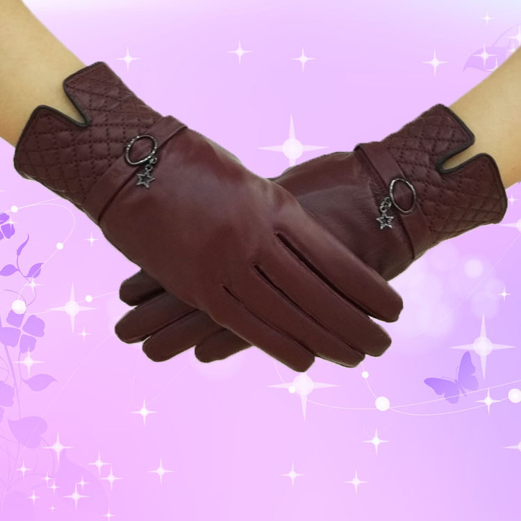 Outdoors Women Plaids Checks Genuine Leather Sheepskin Motorcycles Gloves Winter Cashmere - Beige