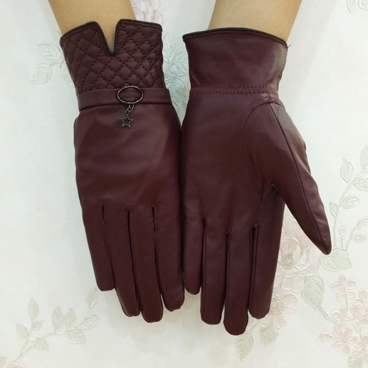 Outdoors Women Plaids Checks Genuine Leather Sheepskin Motorcycles Gloves Winter Cashmere - Beige