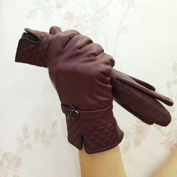 Outdoors Women Plaids Checks Genuine Leather Sheepskin Motorcycles Gloves Winter Cashmere - Beige