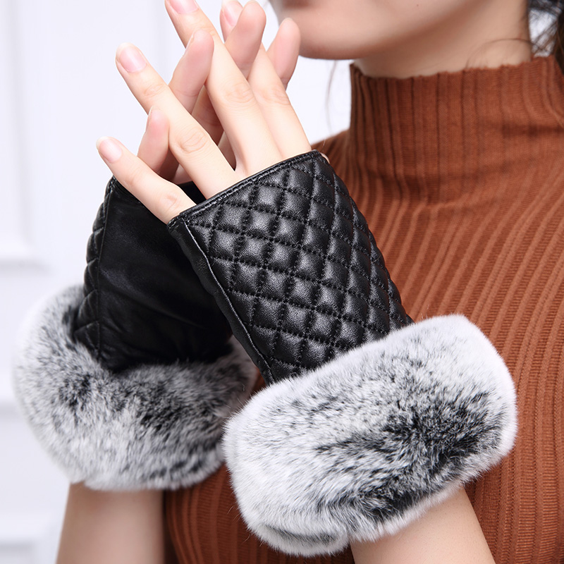 Rabbit Fur Women Plaids Checks Genuine Leather Sheepskin Finger Gloves Keep Warm - Black