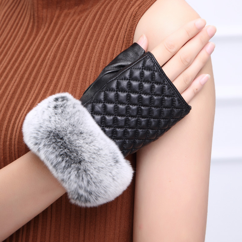 Rabbit Fur Women Plaids Checks Genuine Leather Sheepskin Finger Gloves Keep Warm - Black