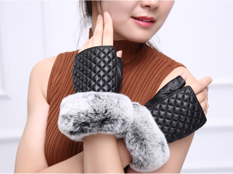 Rabbit Fur Women Plaids Checks Genuine Leather Sheepskin Finger Gloves Keep Warm - Black
