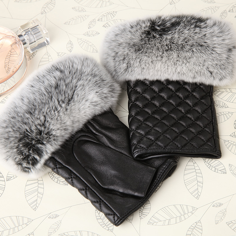Rabbit Fur Women Plaids Checks Genuine Leather Sheepskin Finger Gloves Keep Warm - Black