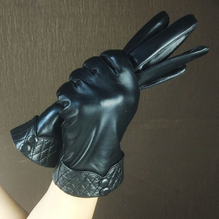 Touch Women Plaids Checks Genuine Leather Sheepskin Cycling Gloves Winter Cashmere - Black