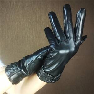 Touch Women Plaids Checks Genuine Leather Sheepskin Cycling Gloves Winter Cashmere - Black