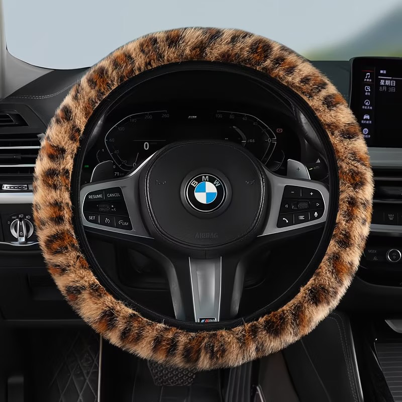Classic Automobile Car Steering Wheel Cover Leopard Print Long Plush Diameter 15 inch 38CM - Brown
