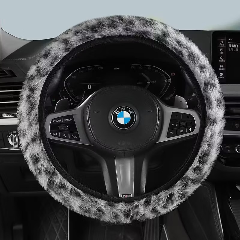 Classic Automobile Car Steering Wheel Cover Leopard Print Long Plush Diameter 15 inch 38CM - Gray