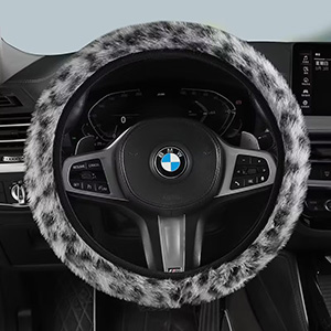 Classic Automobile Car Steering Wheel Cover Leopard Print Long Plush Diameter 15 inch 38CM - Gray