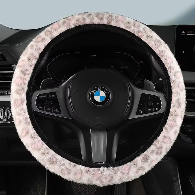 Classic Automobile Car Steering Wheel Cover Leopard Print Long Plush Diameter 15 inch 38CM - Pink