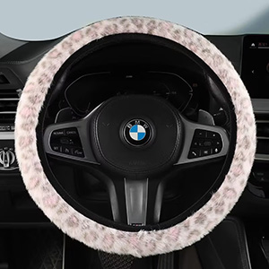 Classic Automobile Car Steering Wheel Cover Leopard Print Long Plush Diameter 15 inch 38CM - Pink