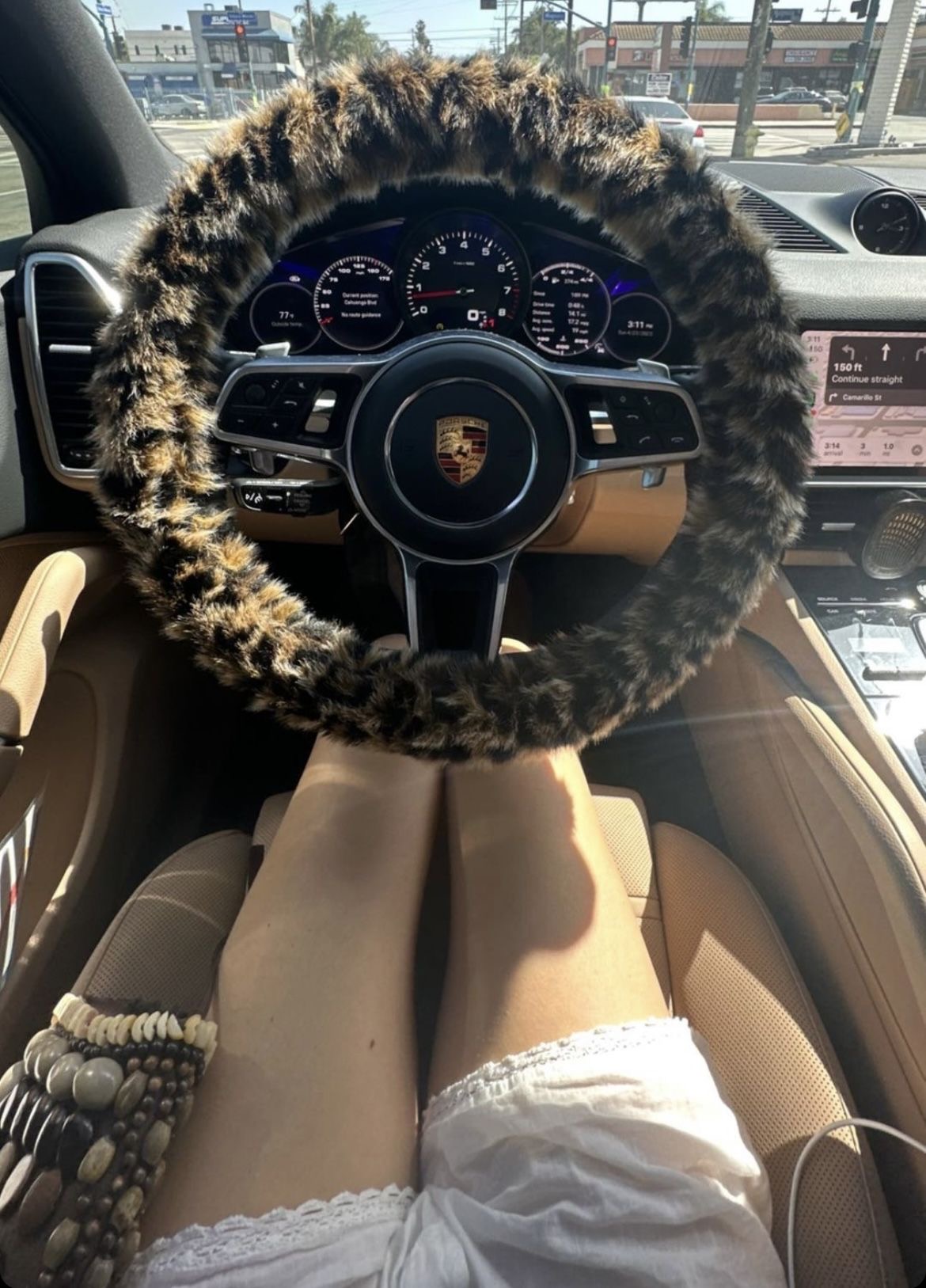 Classic Automobile Car Steering Wheel Cover Leopard Print Long Plush Diameter 15 inch 38CM - Brown