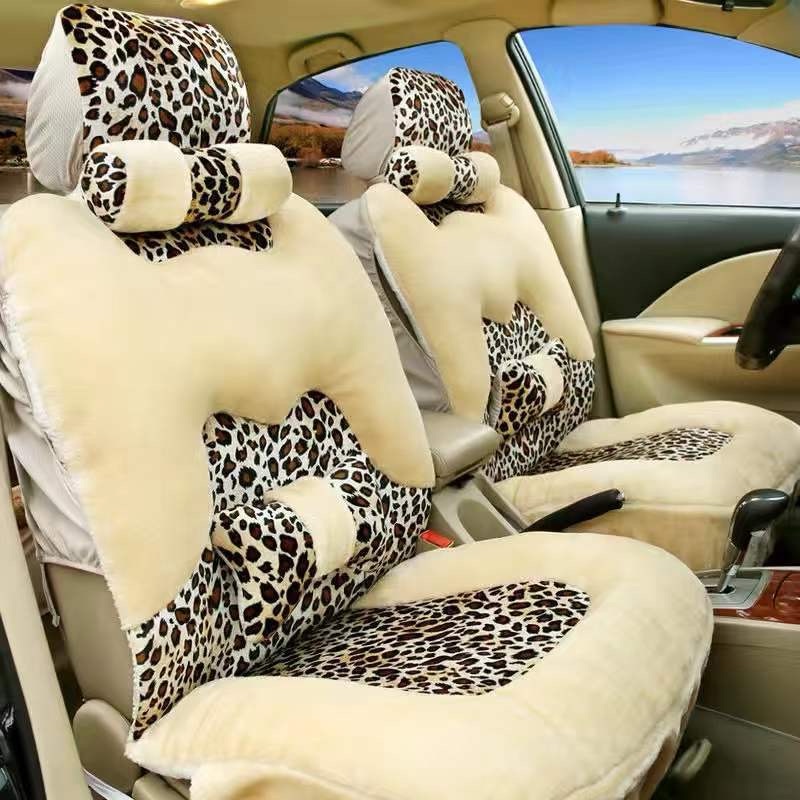 Fashion Winter Warmth Car Seat Cushion Universal Plush Automobile Covers 5pcs Sets - Leopard Beige