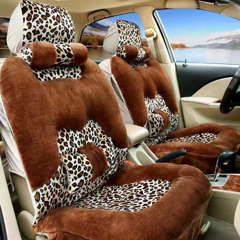 Fashion Winter Warmth Car Seat Cushion Universal Plush Automobile Covers 5pcs Sets - Leopard Brown